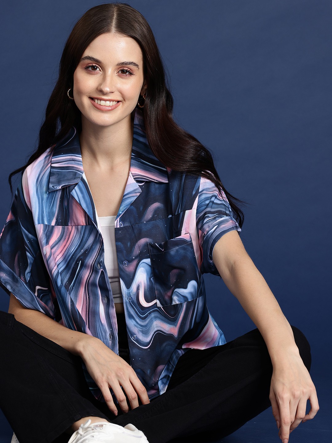 

Mast & Harbour Women Black Classic Opaque Printed Casual Shirt, Navy blue
