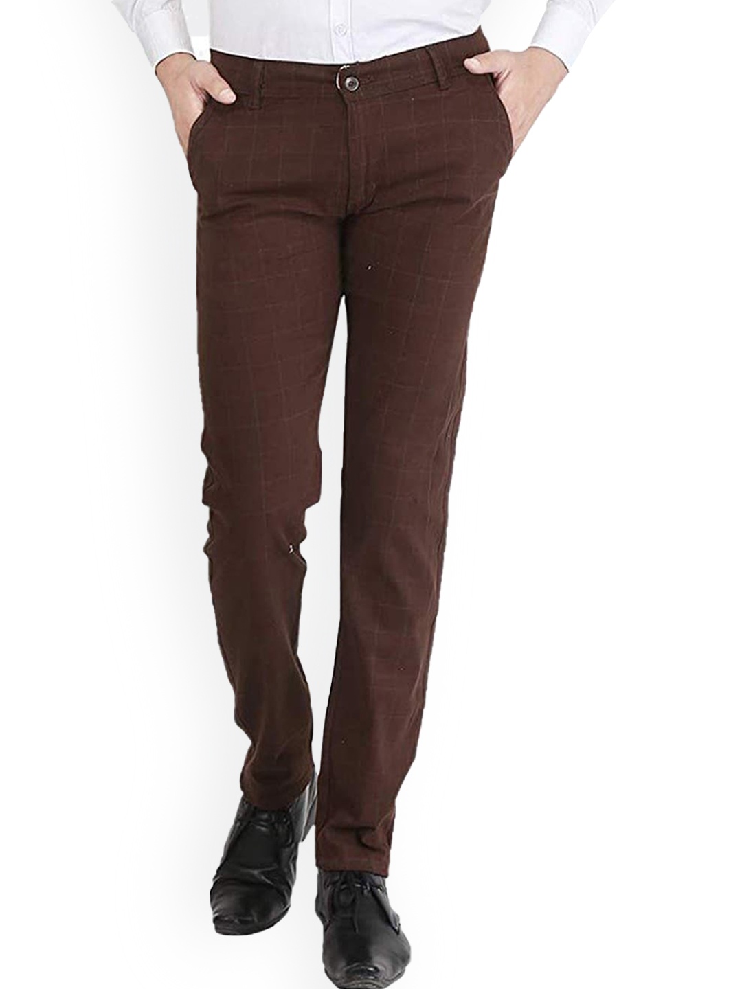 

FUBAR Men Checked Relaxed Slim Fit Easy Wash Formal Trousers, Brown