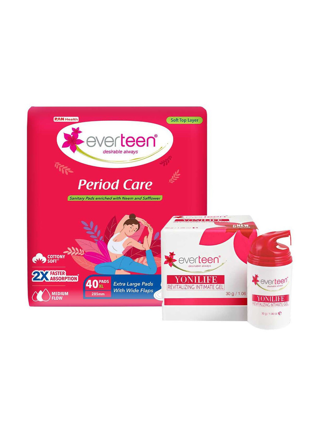 

everteen Period Care XL Soft 40 Pads & Yonilife Intimate V Gel 30g, White