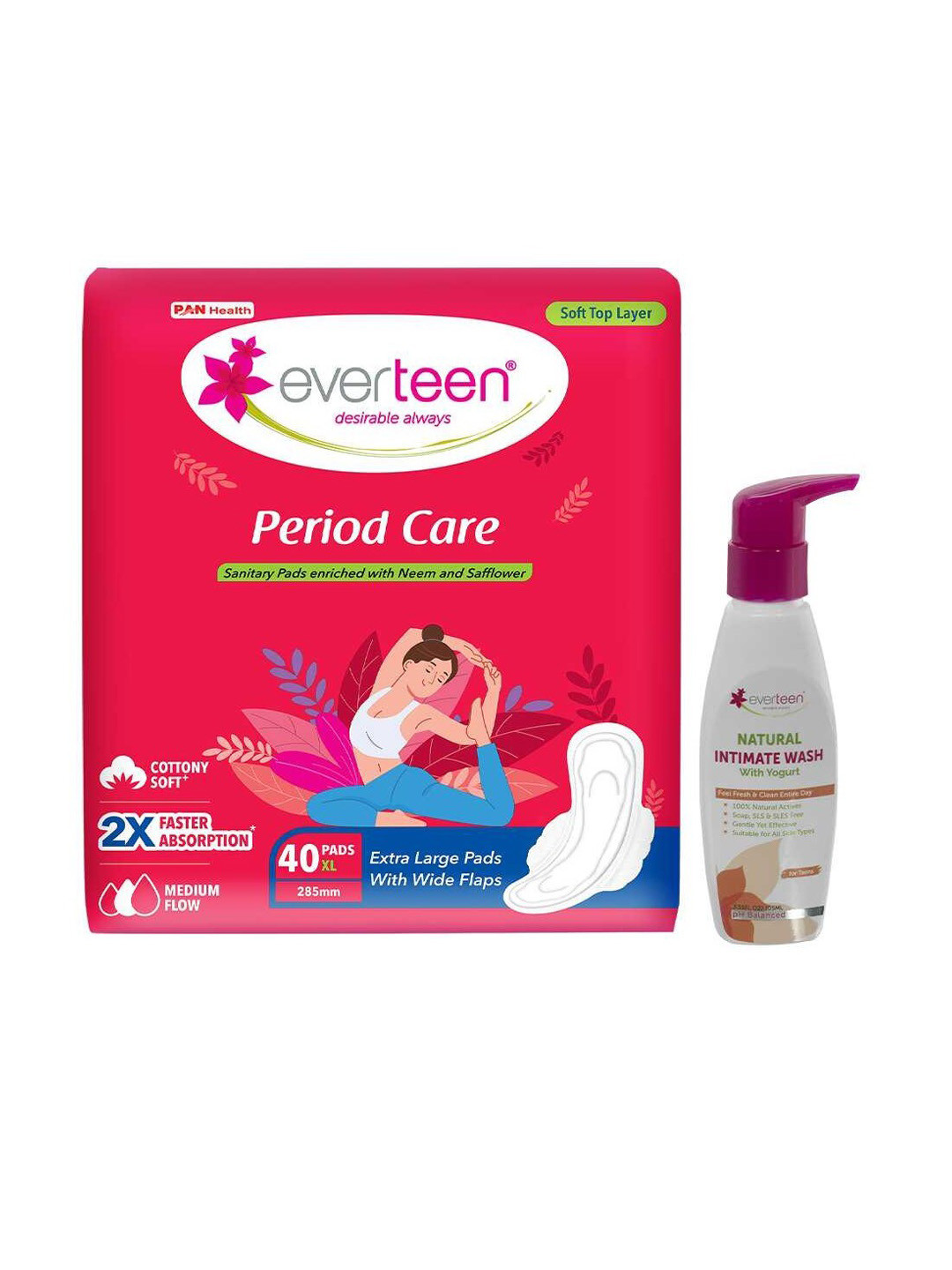 

everteen Period Care XL Soft 40 Pads & Yogurt Intimate Wash 105ml, White