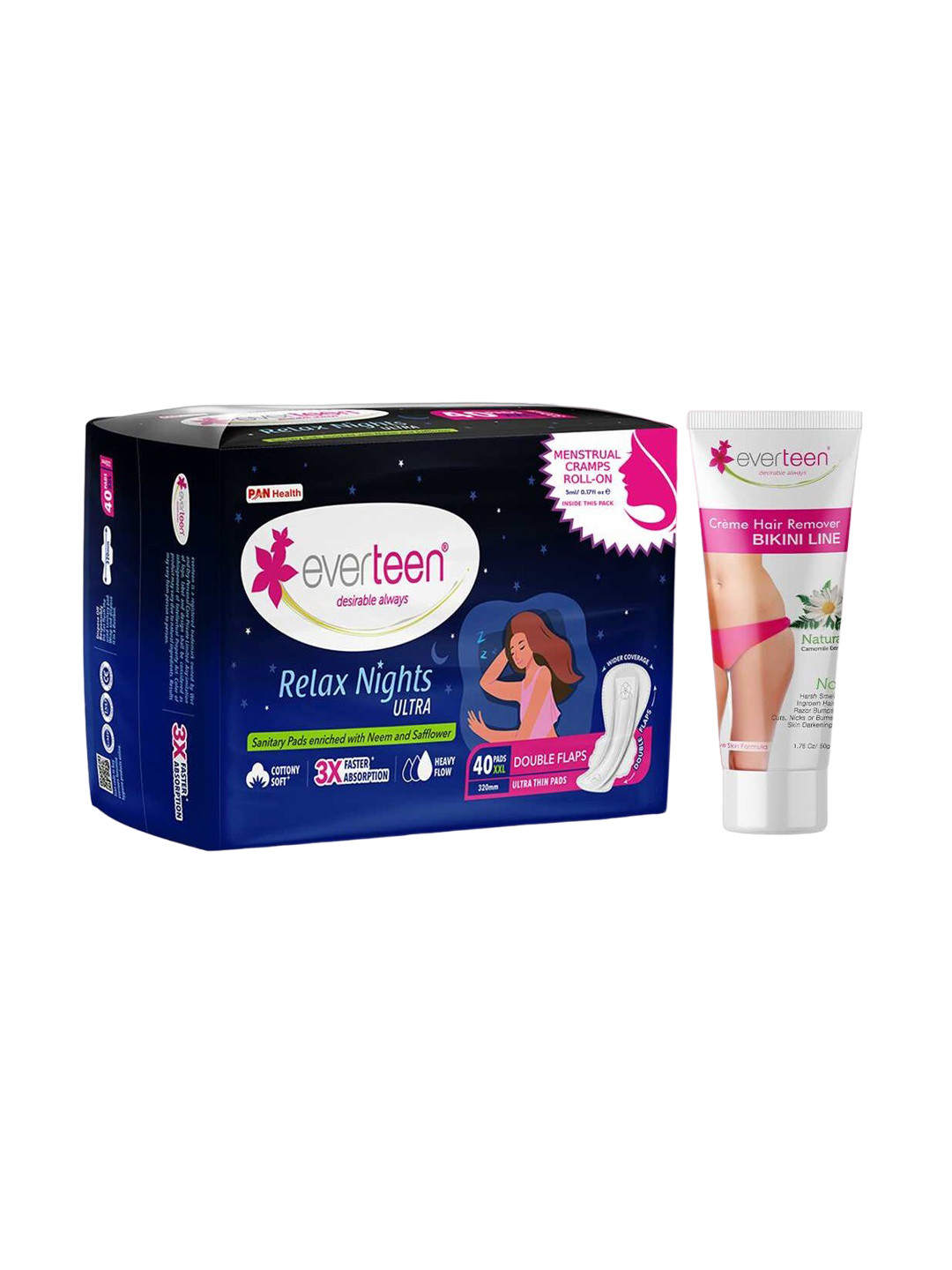 

everteen Relax Nights Ultra 40 Pads & Natural Bikini Hair Remover Cream 50g, White