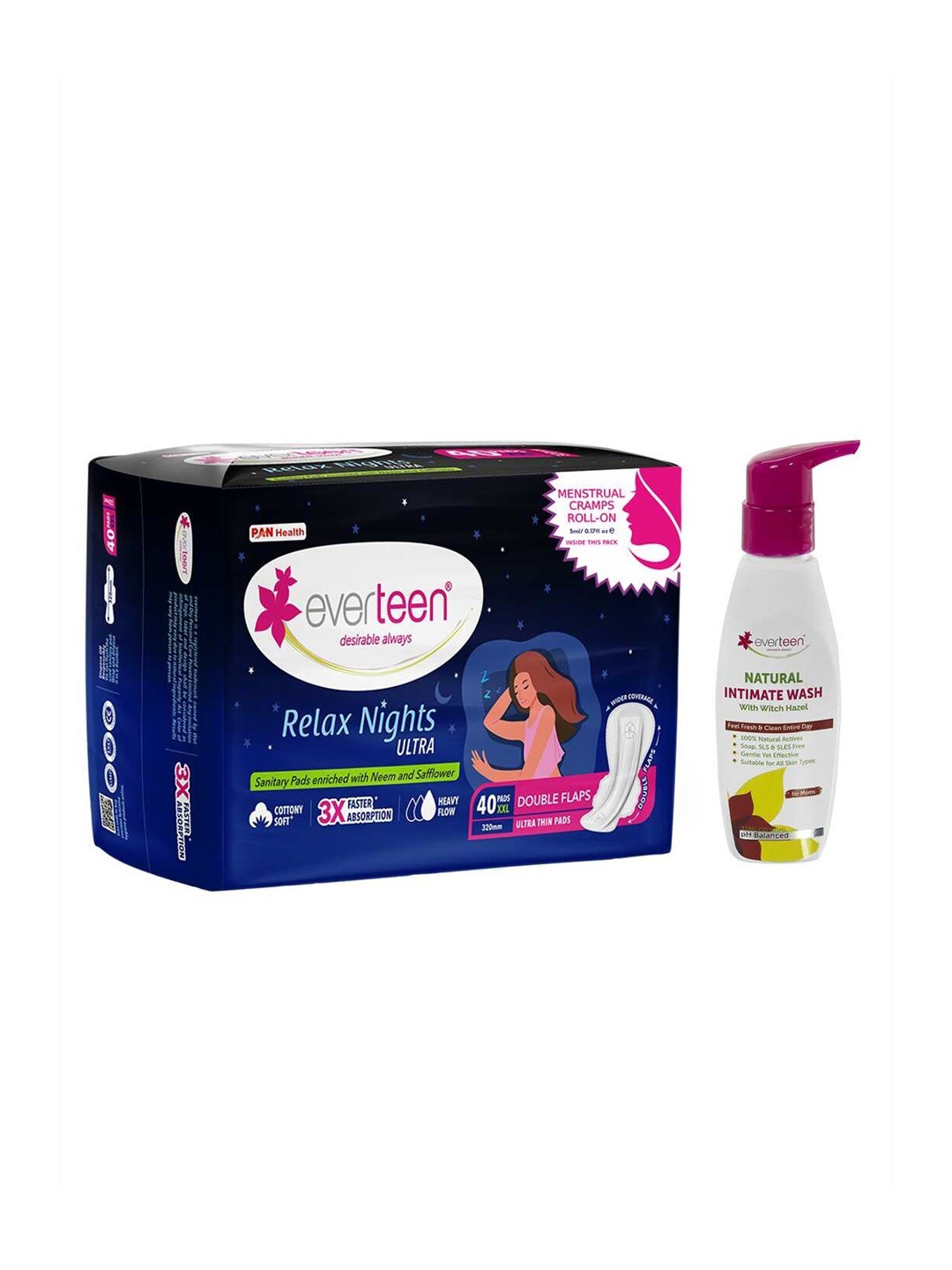 

everteen Relax Nights Ultra 40 Pads & Witch Hazel Intimate Wash 105ml, White