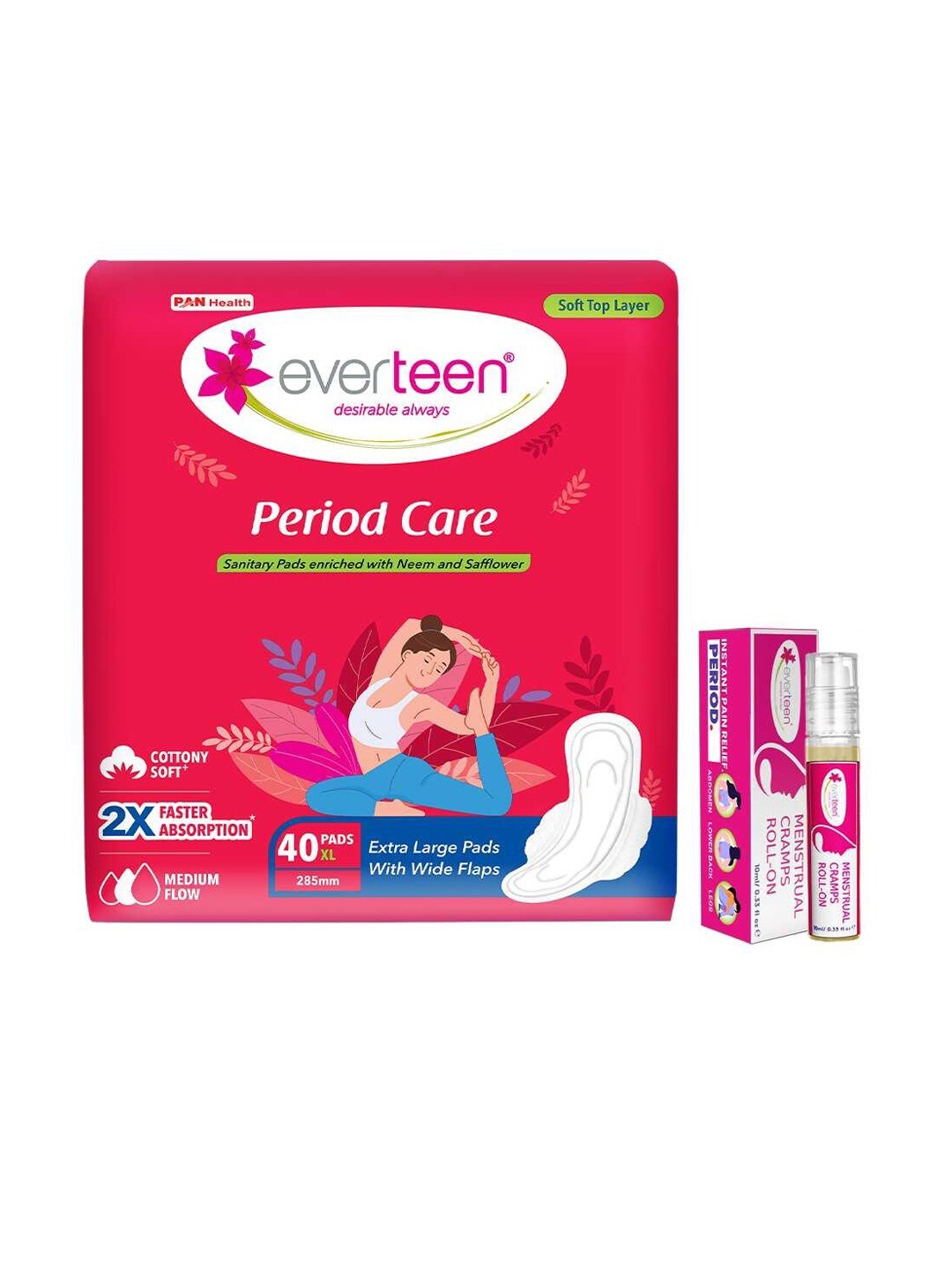 

everteen Period Care XL Soft 40 Pads & Menstrual Cramps Roll-On 10ml, White