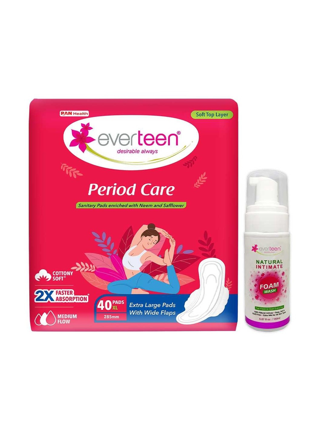 

everteen Period Care XL Soft 40 Pads & Foam Intimate Wash 150ml, White