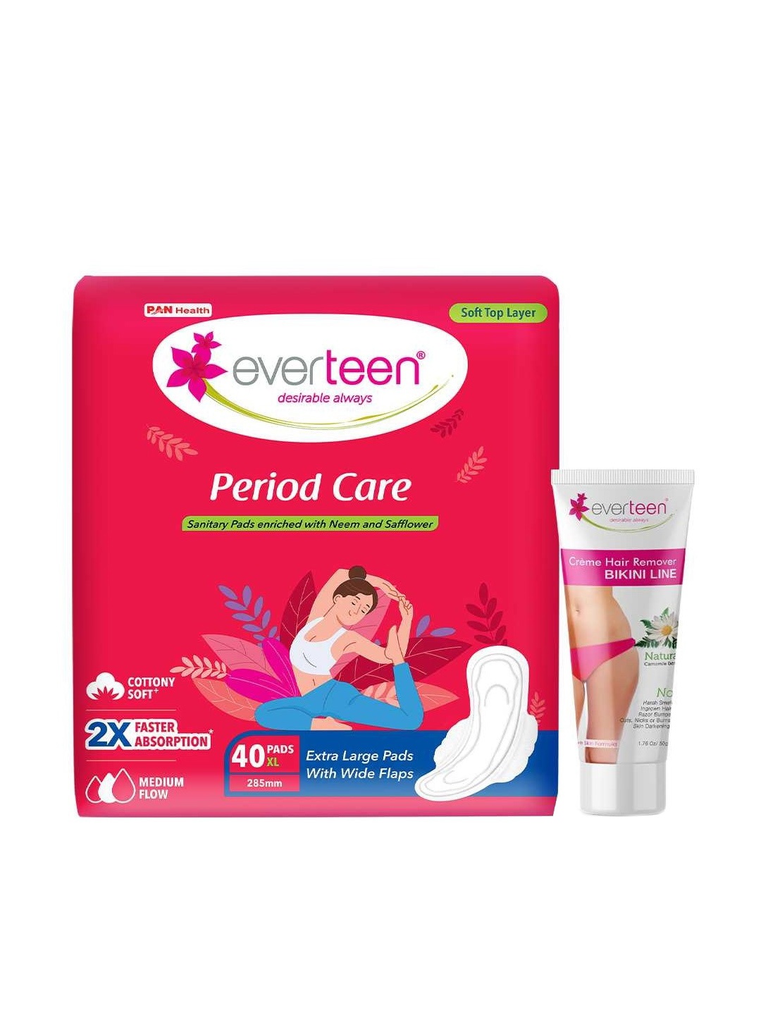 

everteen Period Care XL Soft 40 Pads & Natural Bikini Line Hair Remover Cream 50g, White