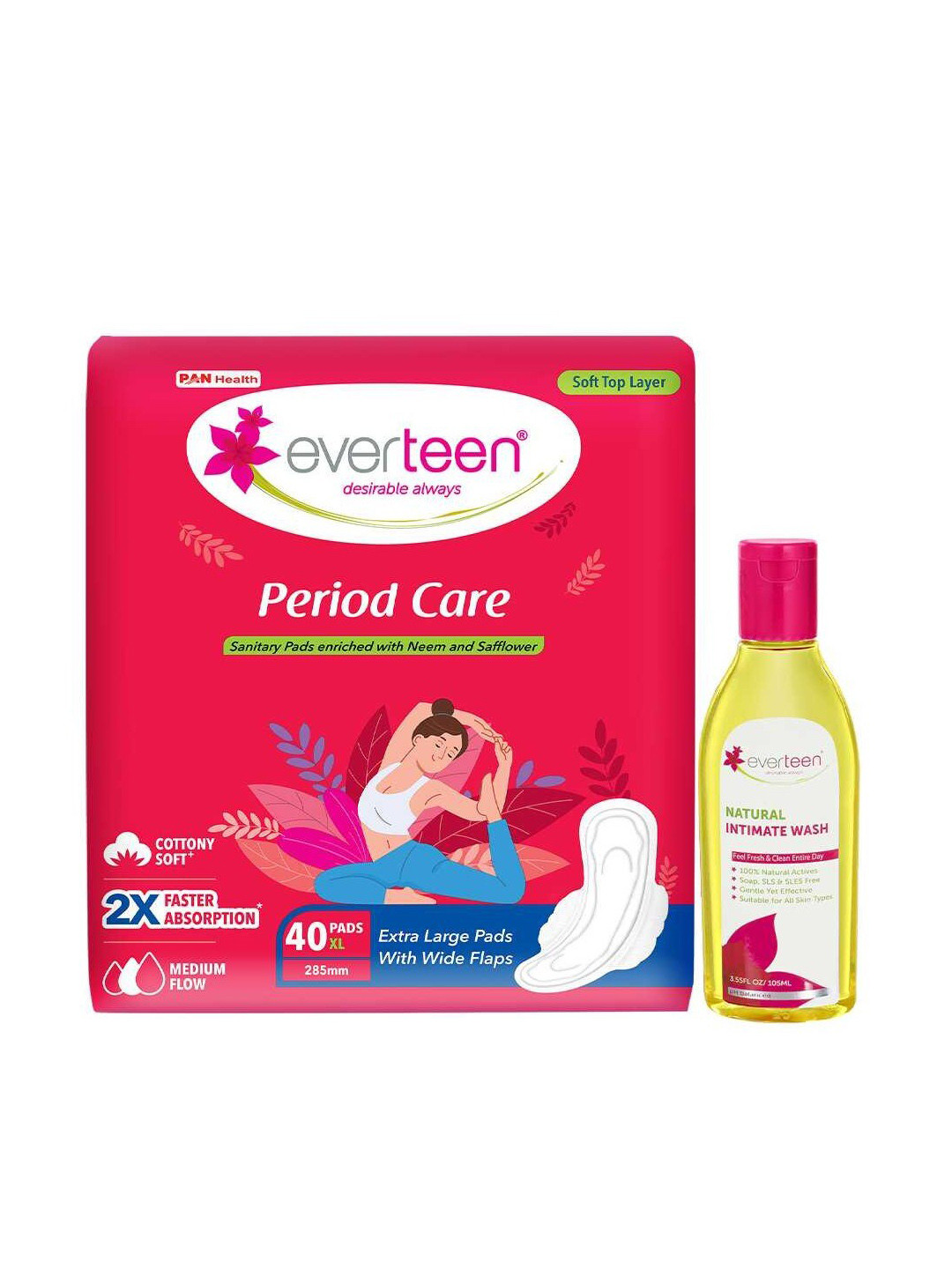 

everteen Period Care XL Soft 40 Pads & Natural Intimate Wash 105ml, White