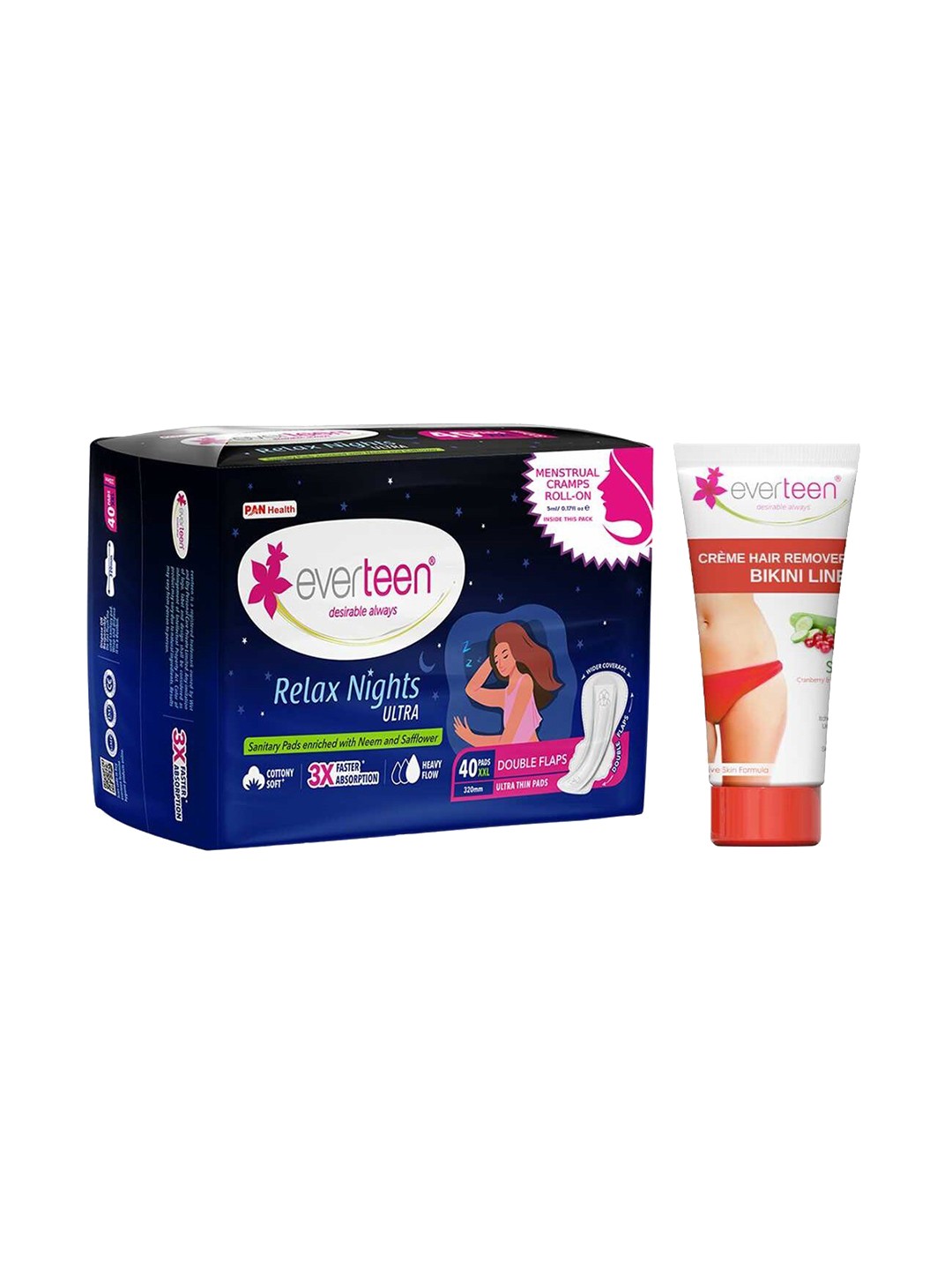 

everteen Relax Nights Ultra 40 Pads & Silky Bikini Line Hair Remover Cream 50g, White