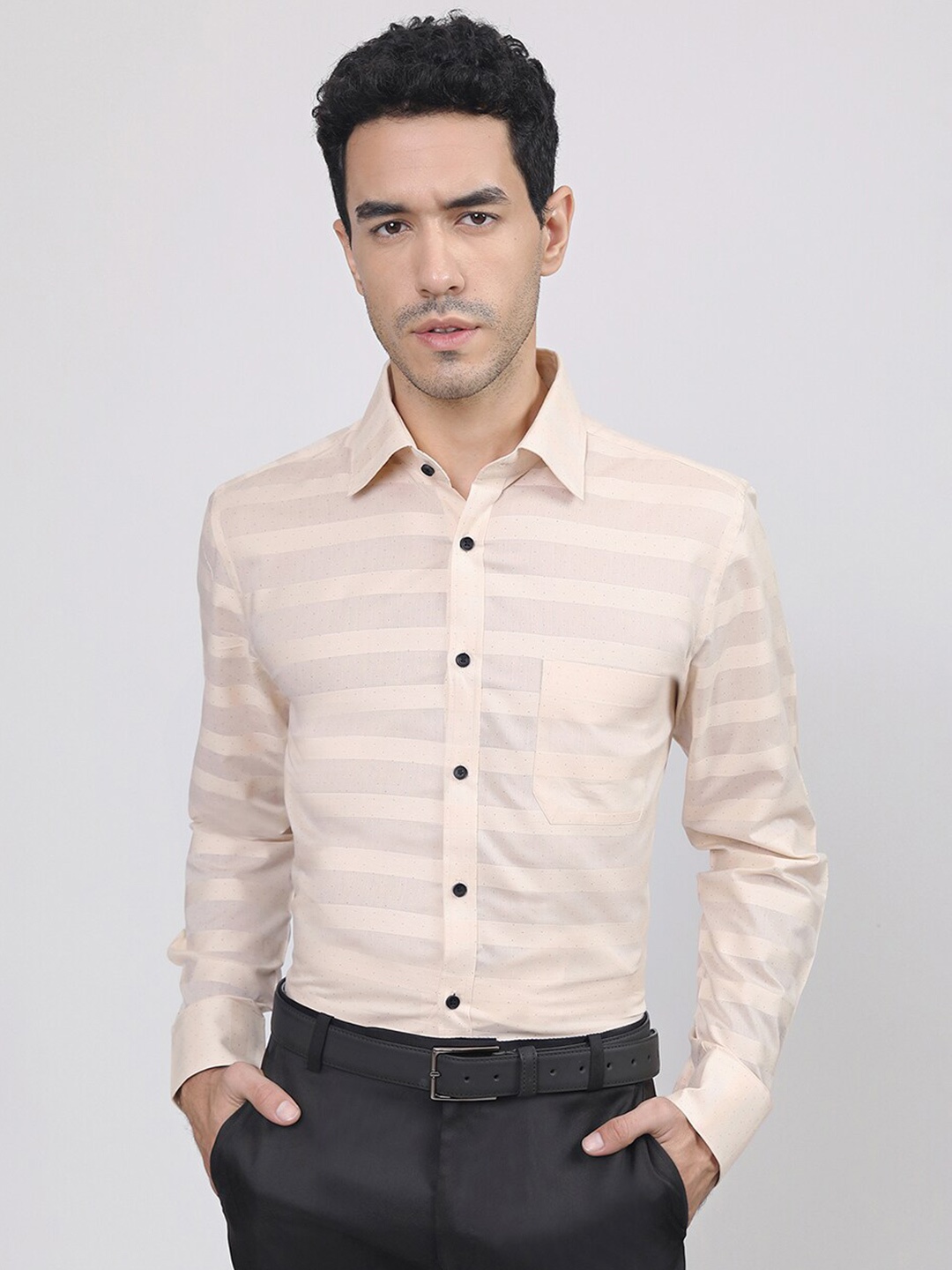 

LOUIS STITCH Comfort Striped Spread Collar Cotton Formal Shirt, Cream