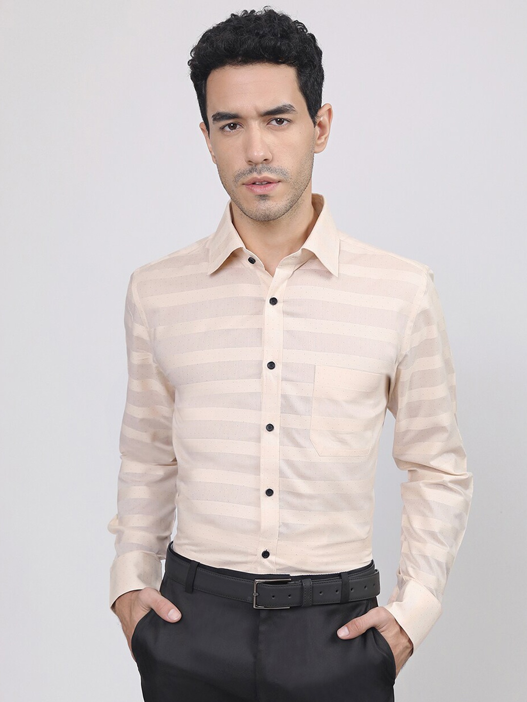 

LOUIS STITCH Comfort Striped Cotton Formal Shirt, Cream
