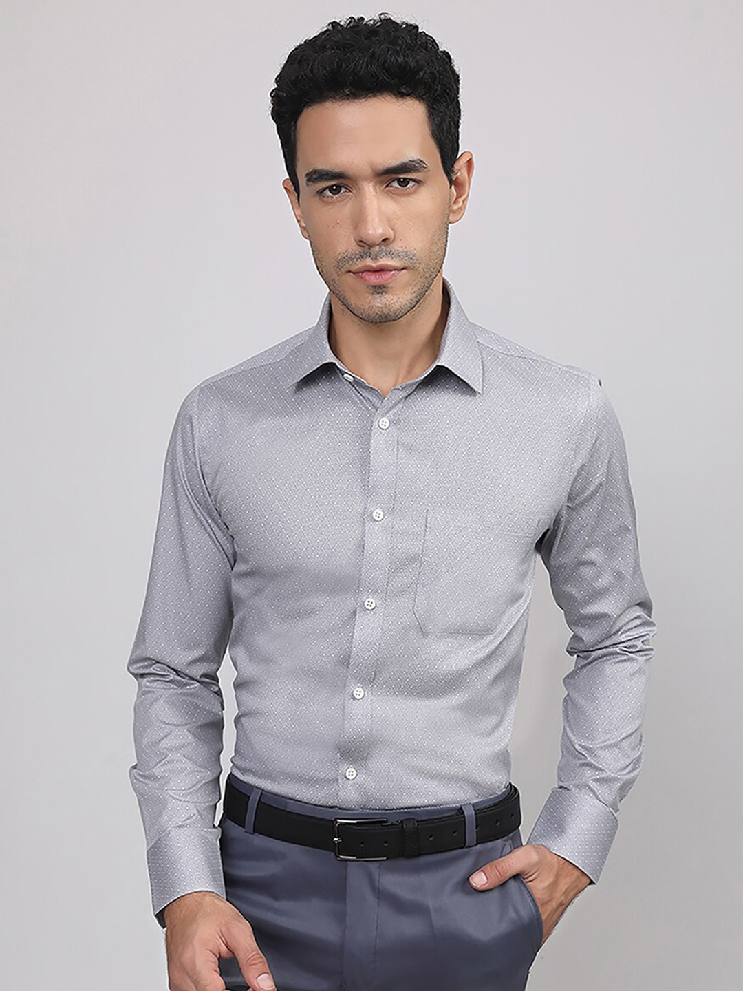 LOUIS STITCH Comfort Geometric Printed Cotton Formal Shirt, Grey
