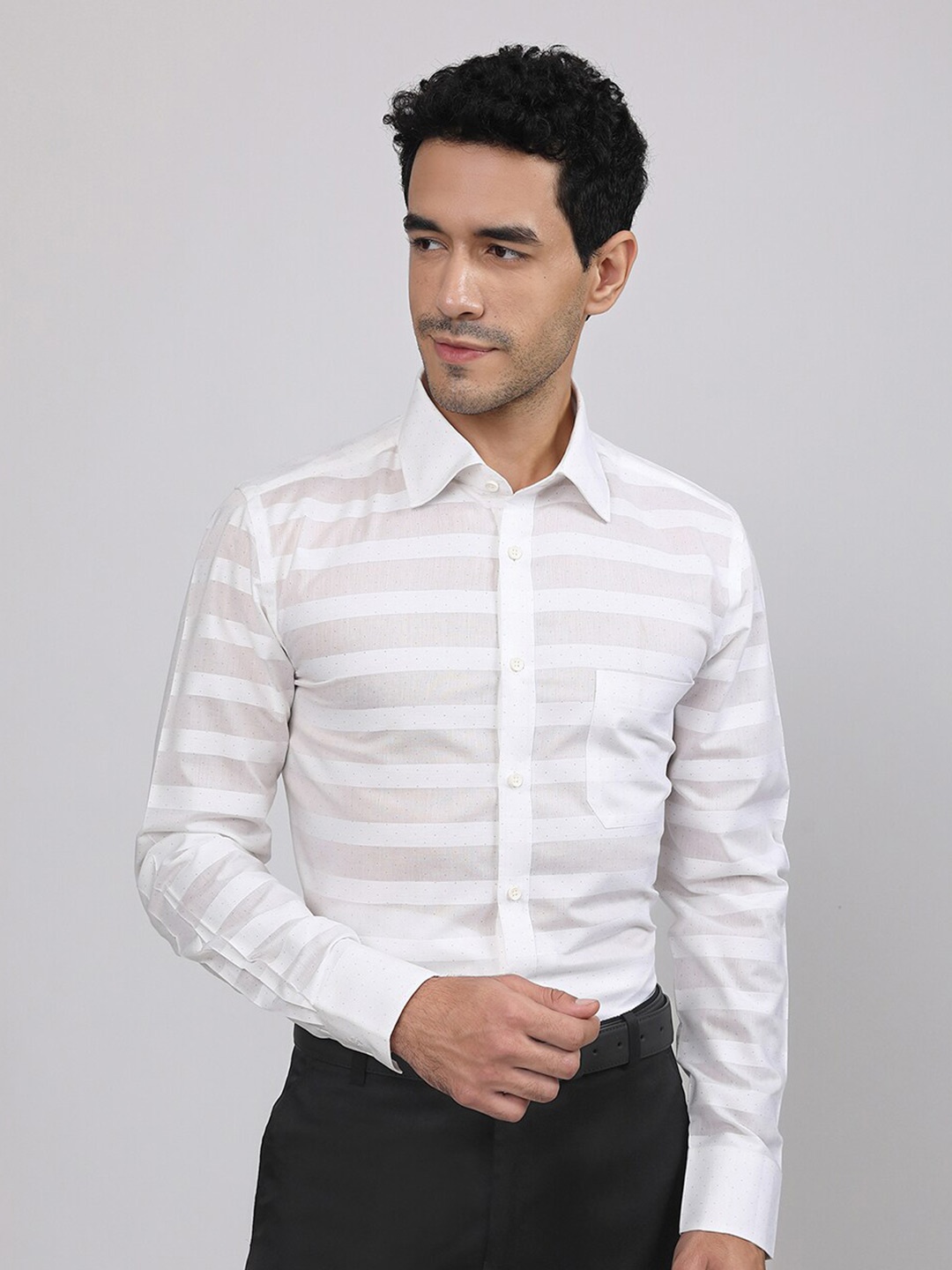 

LOUIS STITCH Comfort Horizontal Stripes Opaque Formal Shirt, White