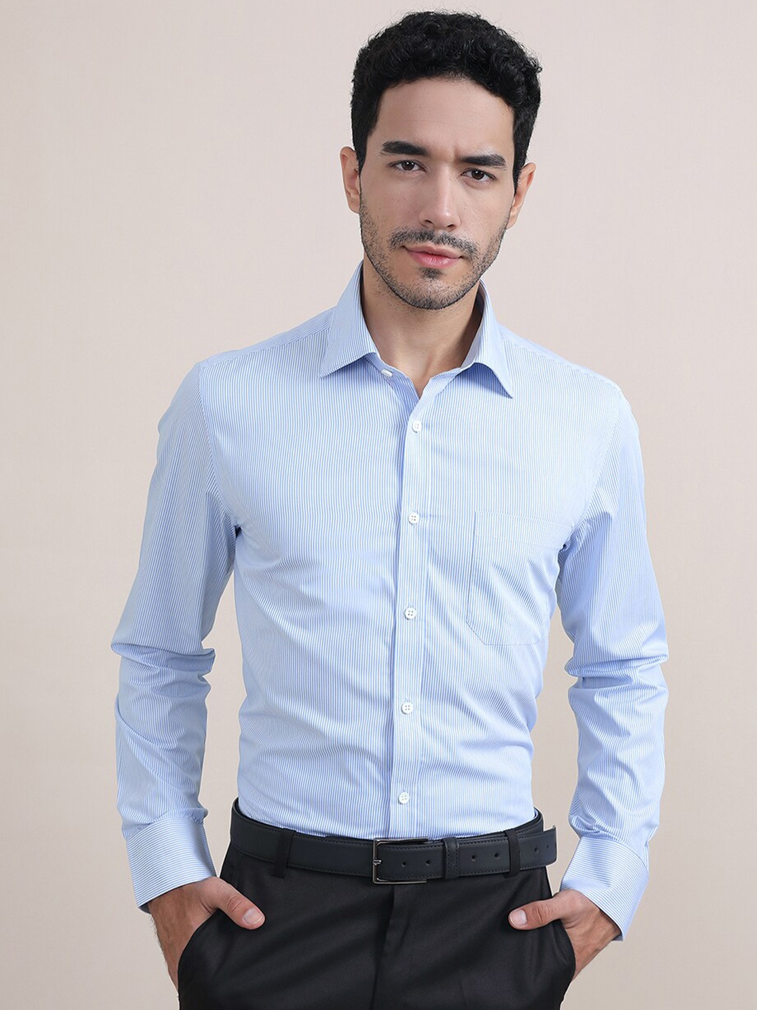 

LOUIS STITCH Comfort Opaque Vertical Stripes Cotton Formal Shirt, Blue