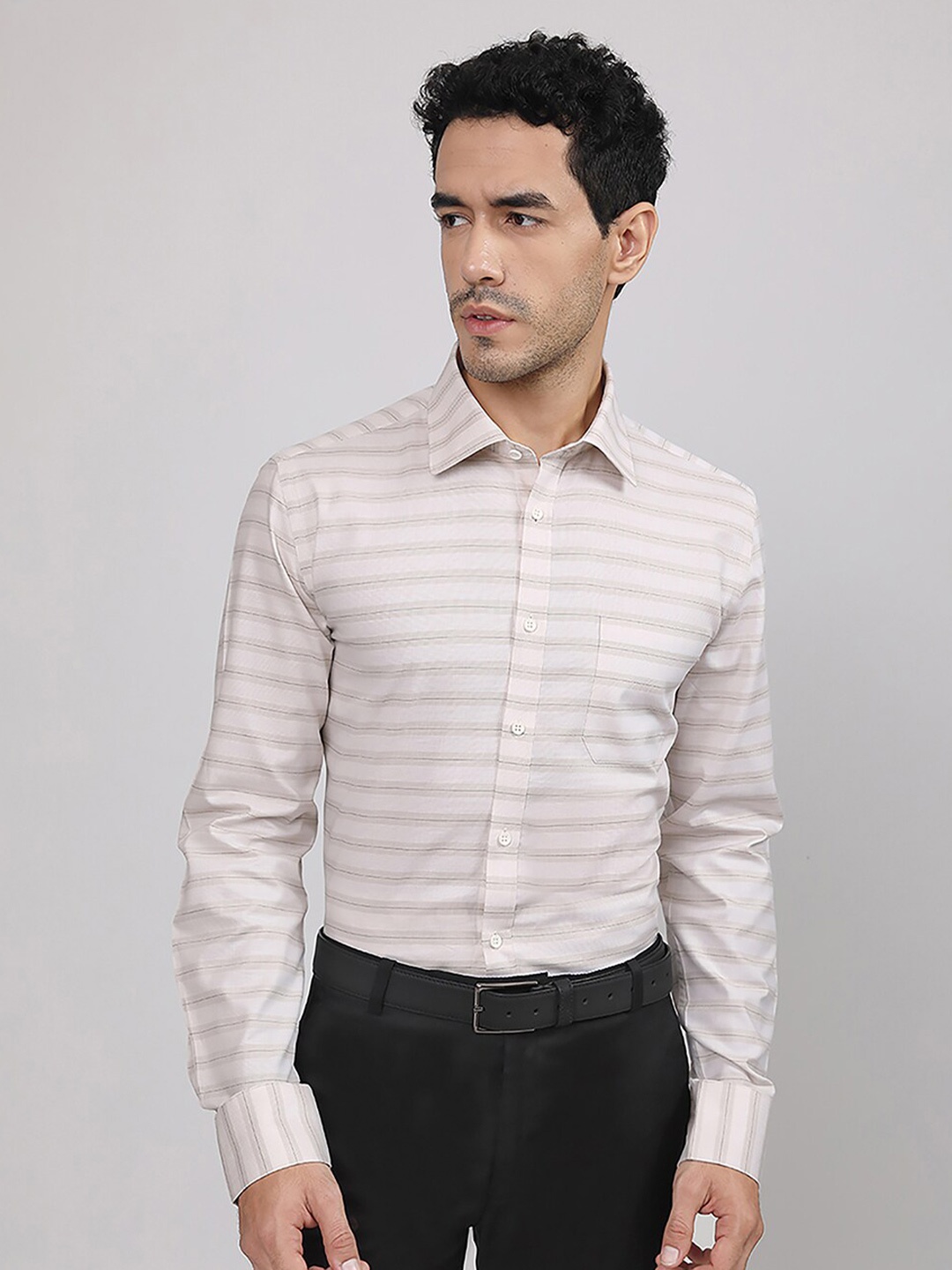 

LOUIS STITCH Horizontal Stripes Comfort Regular Fit Cotton Formal Shirt, Brown