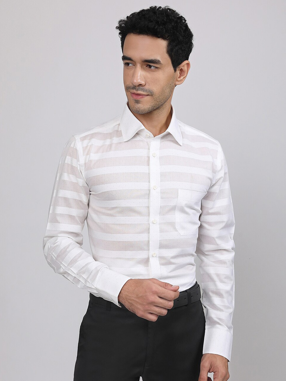 

LOUIS STITCH Horizontal Stripes Comfort Regular Fit Cotton Formal Shirt, White