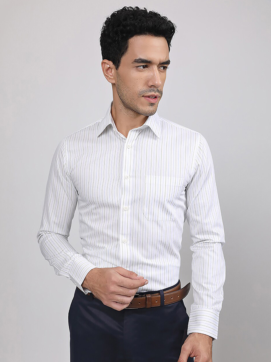 

LOUIS STITCH Vertical Striped Comfort Regular Fit Cotton Formal Shirt, White