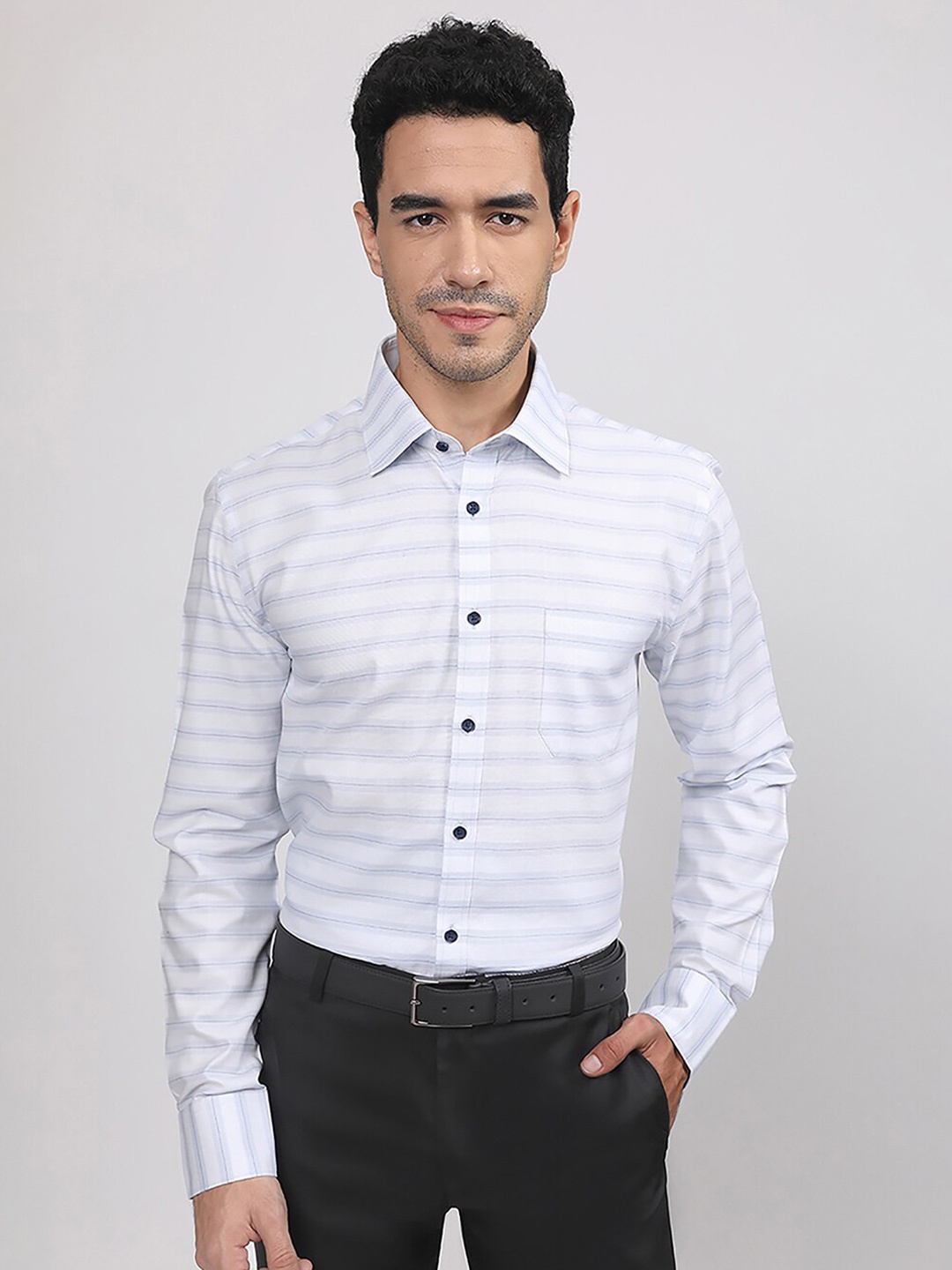 

LOUIS STITCH Comfort Opaque Horizontal Stripes Cotton Formal Shirt, Blue