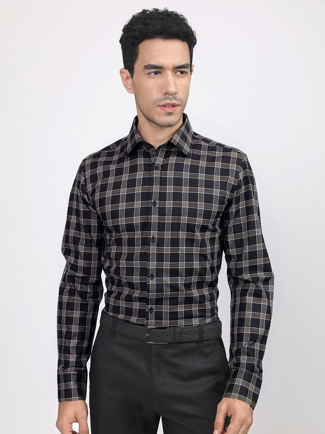 

LOUIS STITCH Comfort Tartan Checks Cotton Formal Shirt, Black
