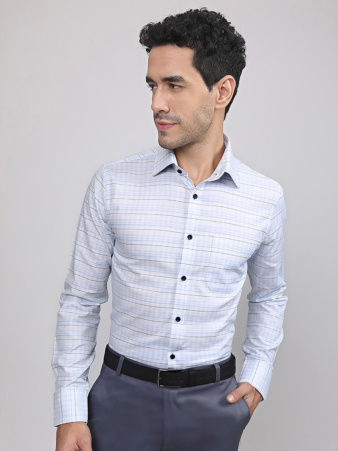 

LOUIS STITCH Comfort Vertical Striped Cotton Formal Shirt, Blue