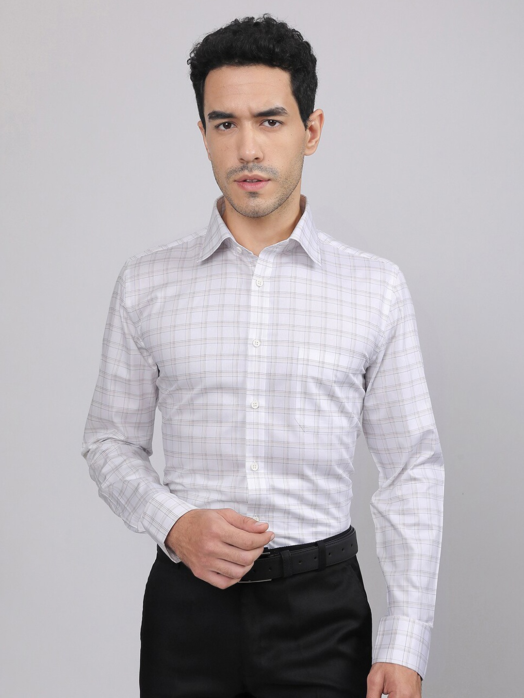 

LOUIS STITCH Comfort Checked Spread Collar Cotton Formal Shirt, White