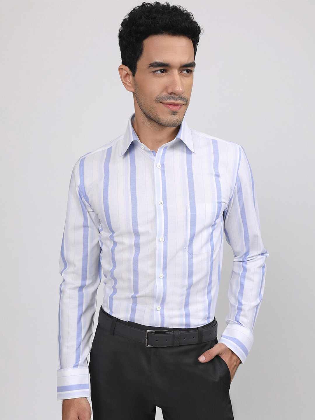

LOUIS STITCH Comfort Striped Spread Collar Cotton Formal Shirt, Blue