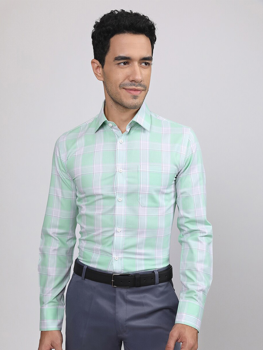 

LOUIS STITCH Windowpane Checks Comfort Regular Fit Cotton Formal Shirt, Green