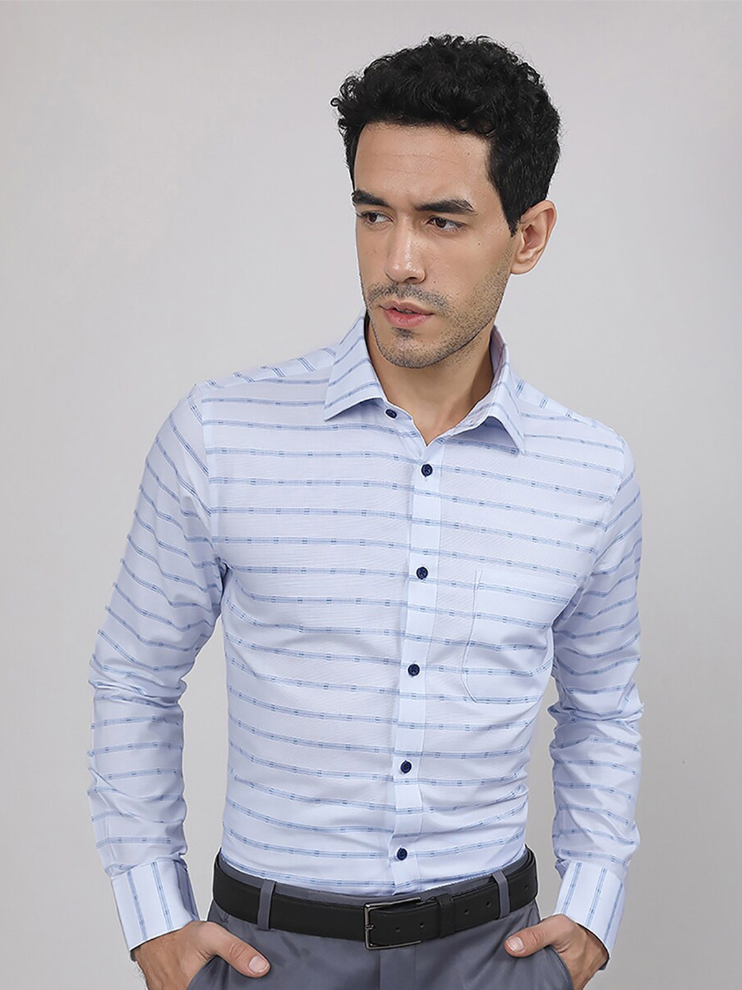LOUIS STITCH Comfort Horizontal Stripes Cotton Formal Shirt, Blue