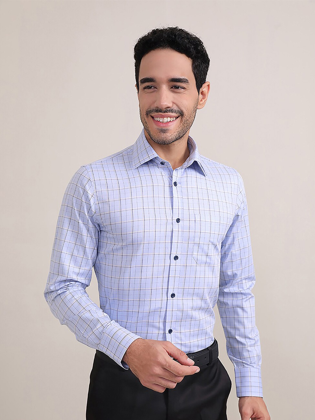 

LOUIS STITCH Comfort Opaque Checked Cotton Formal Shirt, Blue