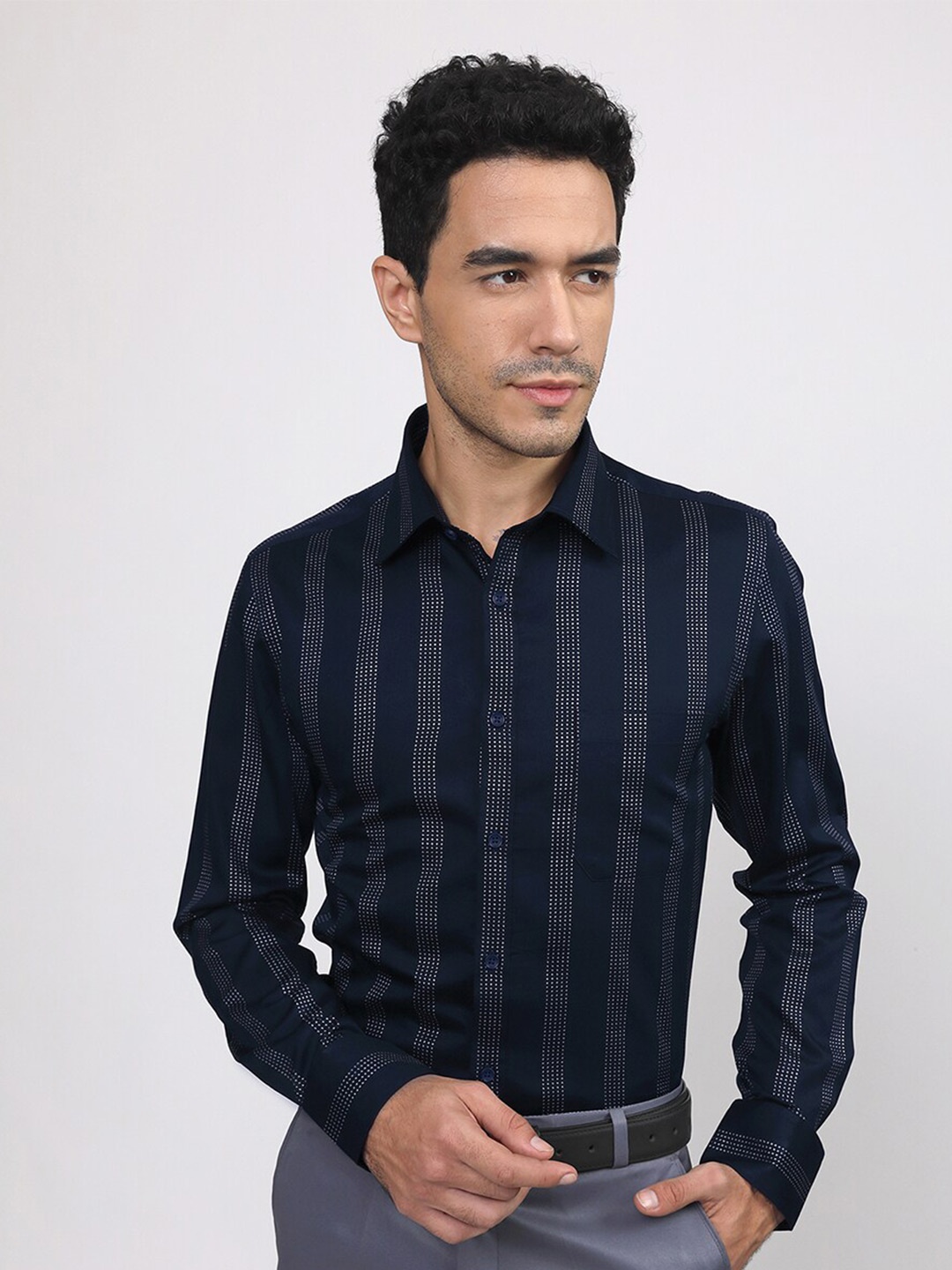 

LOUIS STITCH Comfort Vertical Striped Cotton Formal Shirt, Navy blue