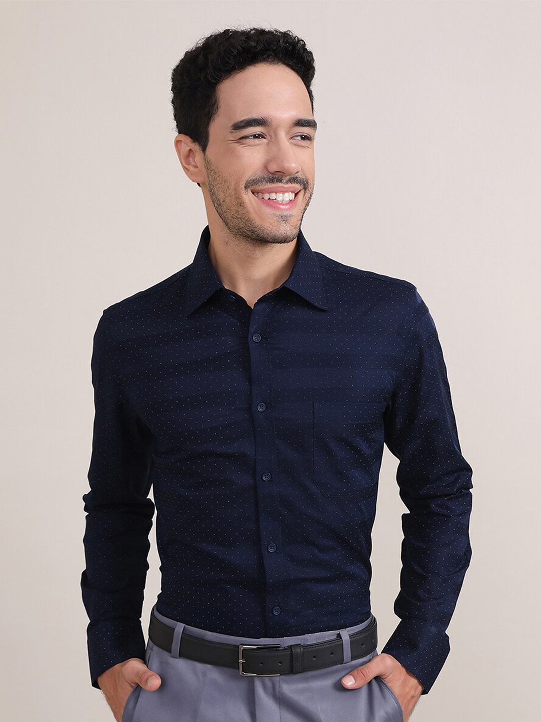 LOUIS STITCH Horizontal Stripes Comfort Regular Fit Cotton Formal Shirt, Navy blue