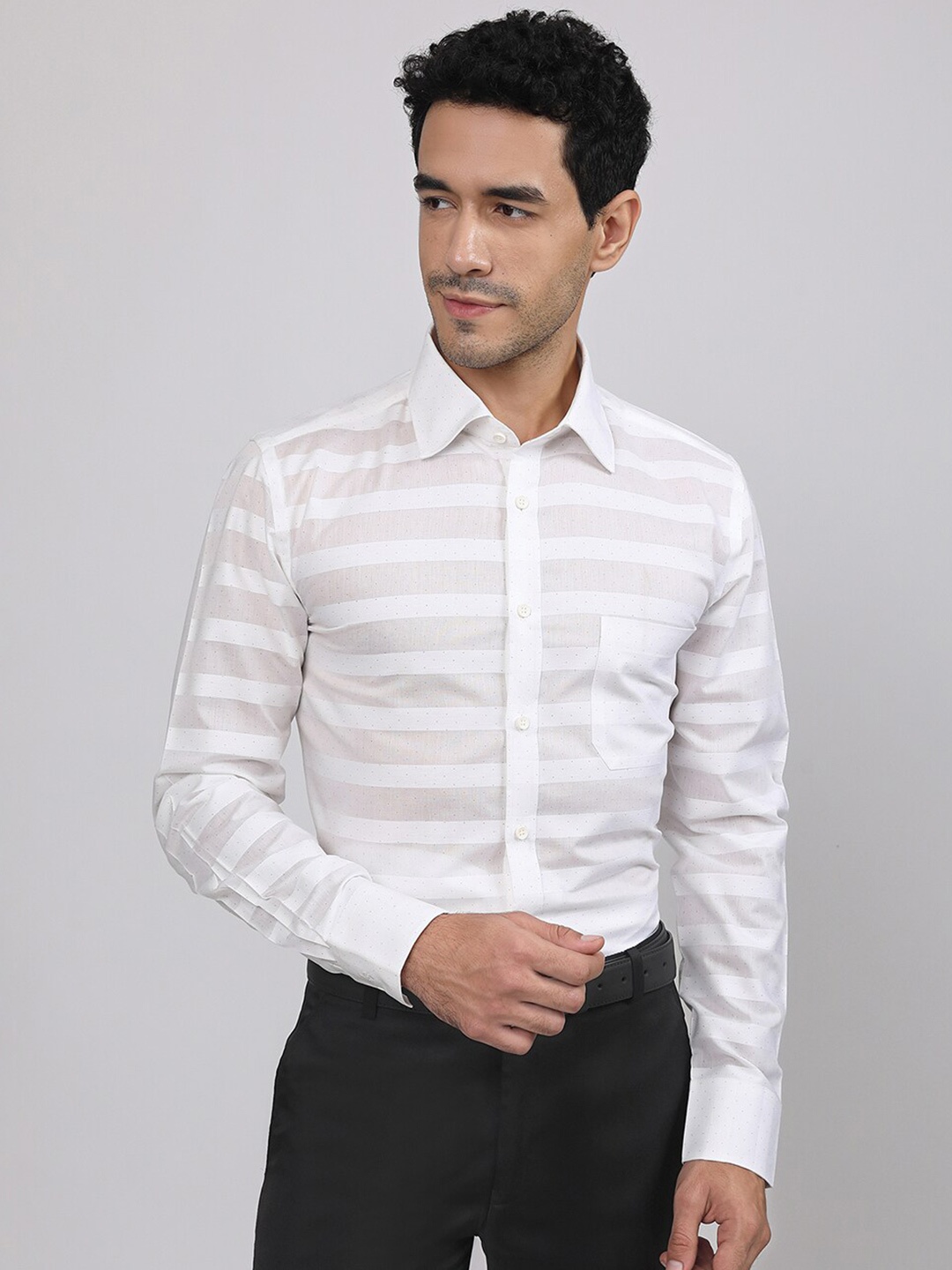 

LOUIS STITCH Comfort Horizontal Striped Cotton Formal Shirt, White