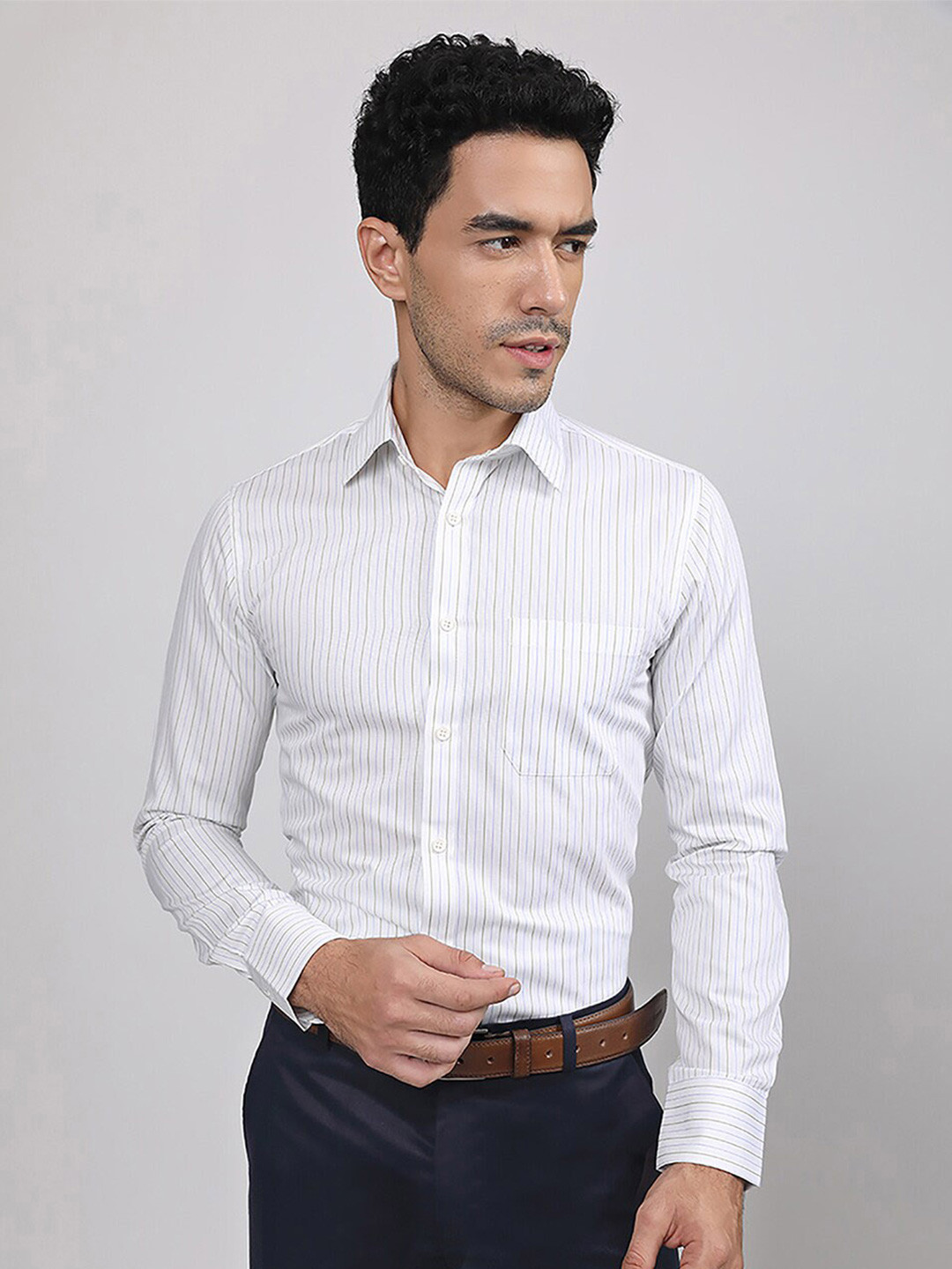 

LOUIS STITCH Comfort Horizontal Striped Cotton Formal Shirt, White