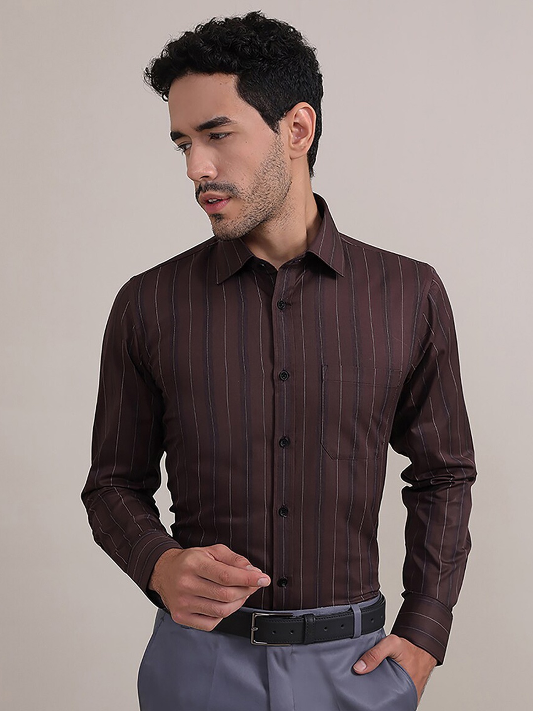 

LOUIS STITCH Comfort Fit Striped Formal Cotton Shirt, Brown