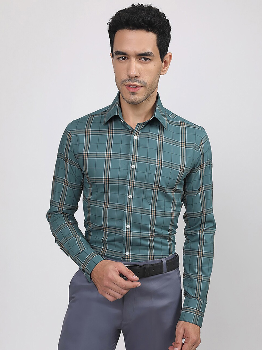 

LOUIS STITCH Comfort Checked Spread Collar Cotton Formal Shirt, Green