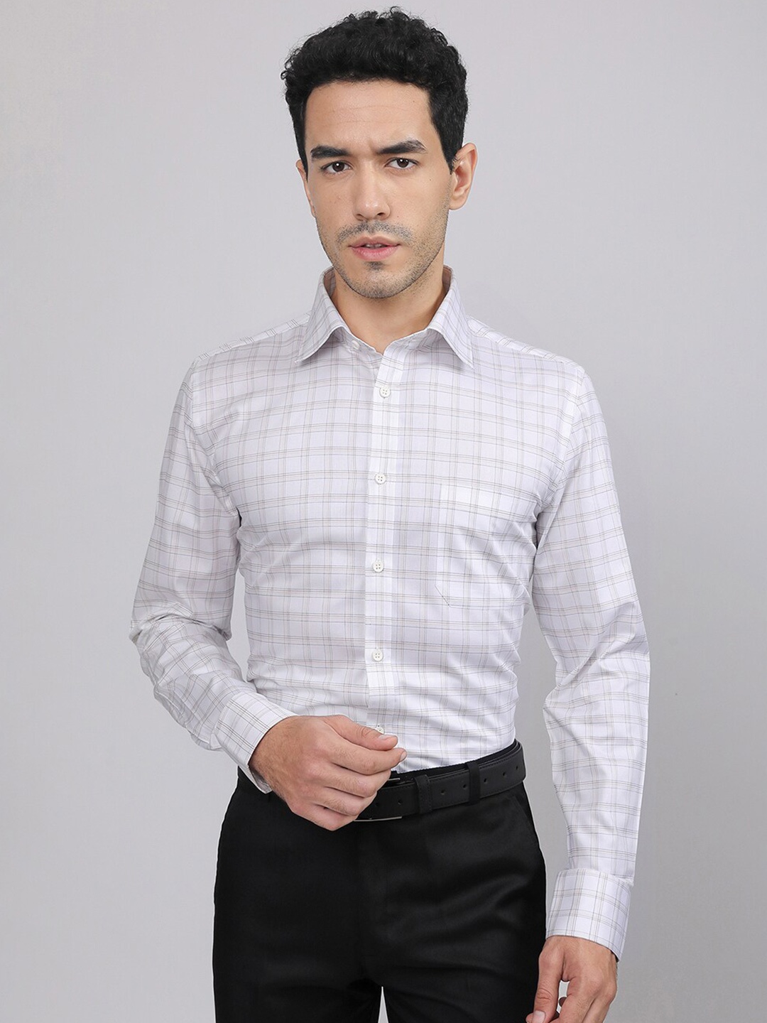

LOUIS STITCH Comfort Fit Grid Tattersall Checked Formal Cotton Shirt, White