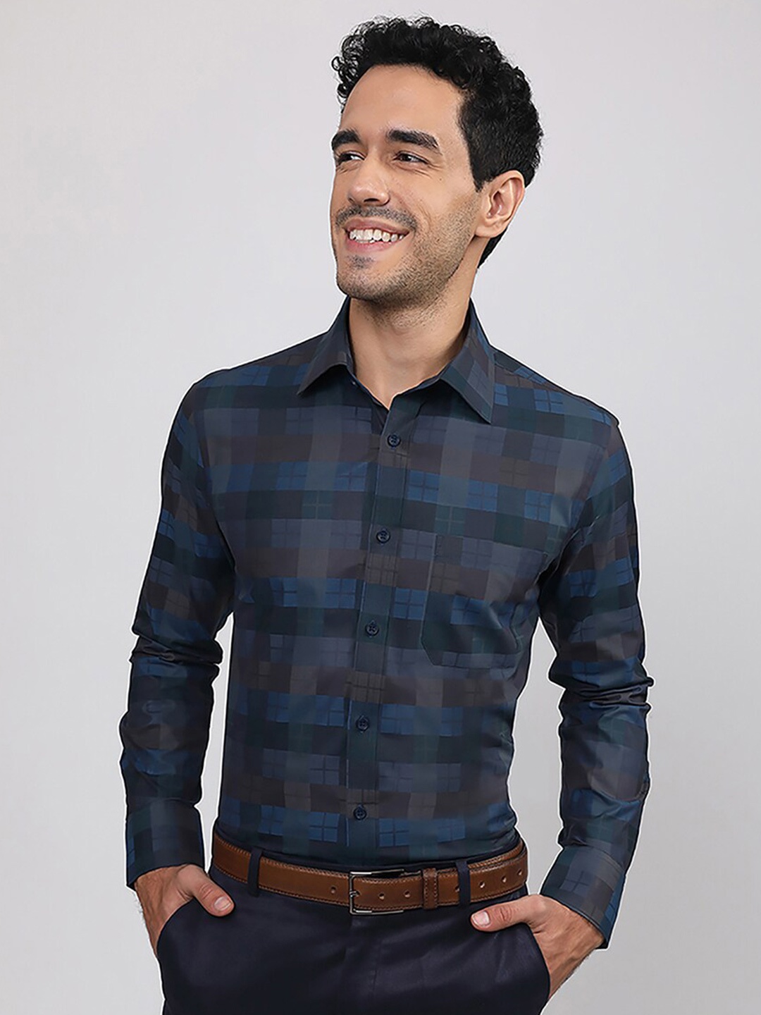 

LOUIS STITCH Comfort Geometric Printed Spread Collar Cotton Formal Shirt, Blue