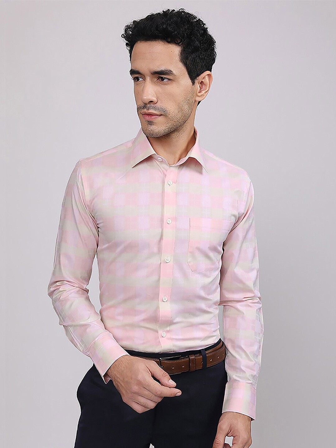 

LOUIS STITCH Comfort Fit Checked Formal Cotton Shirt, Pink