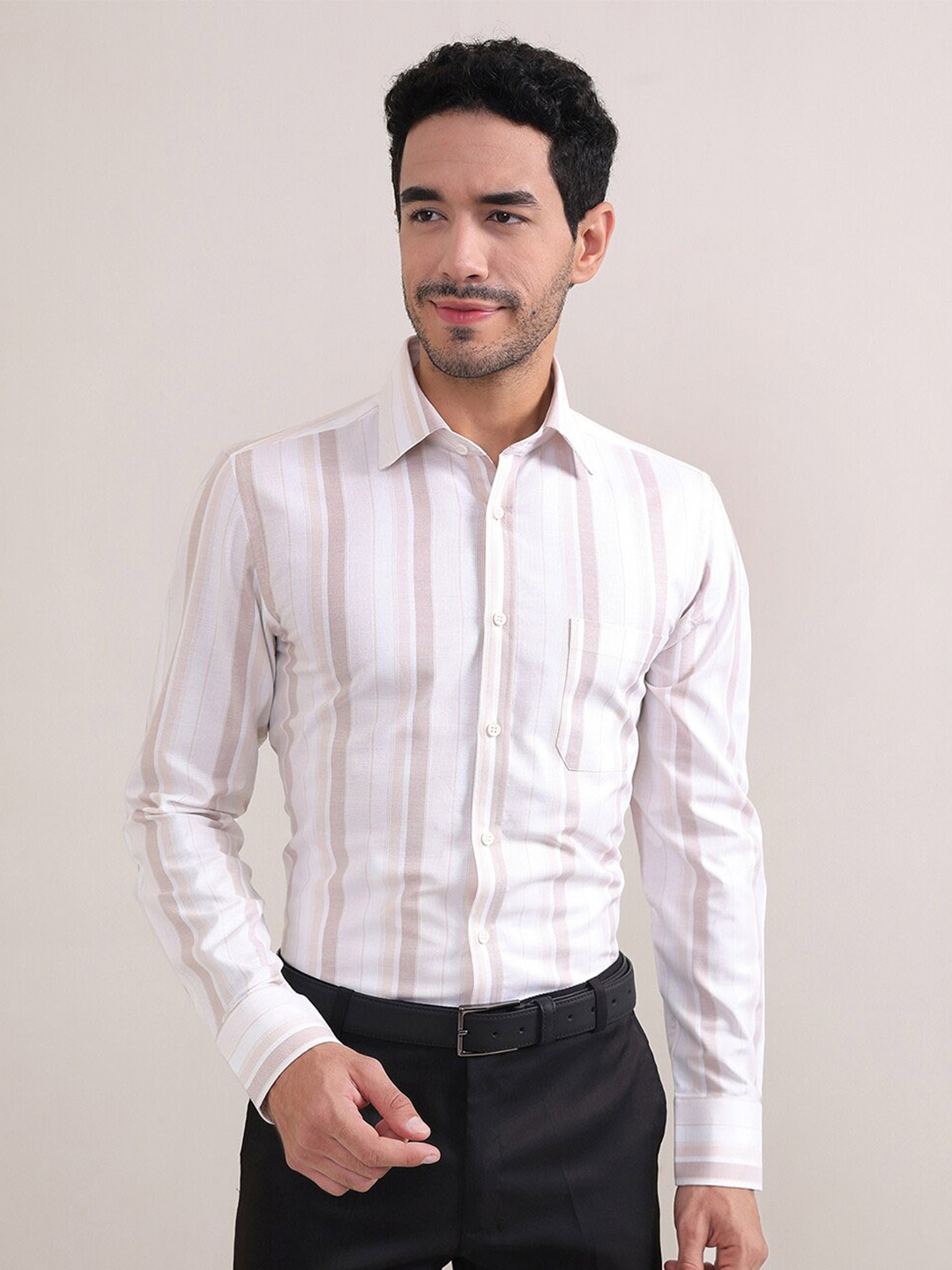 

LOUIS STITCH Comfort Striped Cotton Formal Shirt, Brown