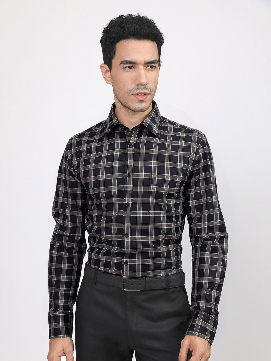 LOUIS STITCH Comfort Tartan Checked Cotton Formal Shirt, Black