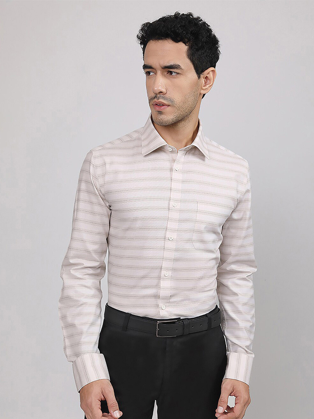 

LOUIS STITCH Comfort Horizontal Striped Cotton Formal Shirt, Brown
