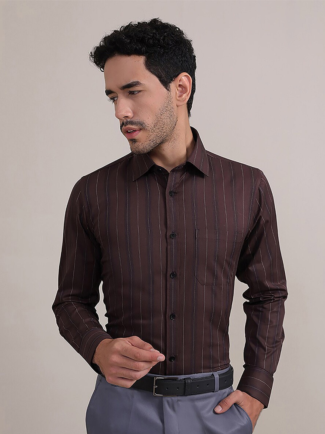 

LOUIS STITCH Comfort Striped Cotton Formal Shirt, Brown