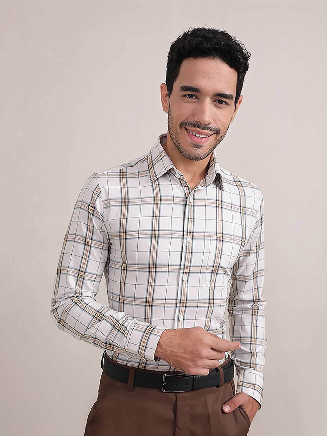 

LOUIS STITCH Comfort Tartan Checked Formal Shirt, Cream