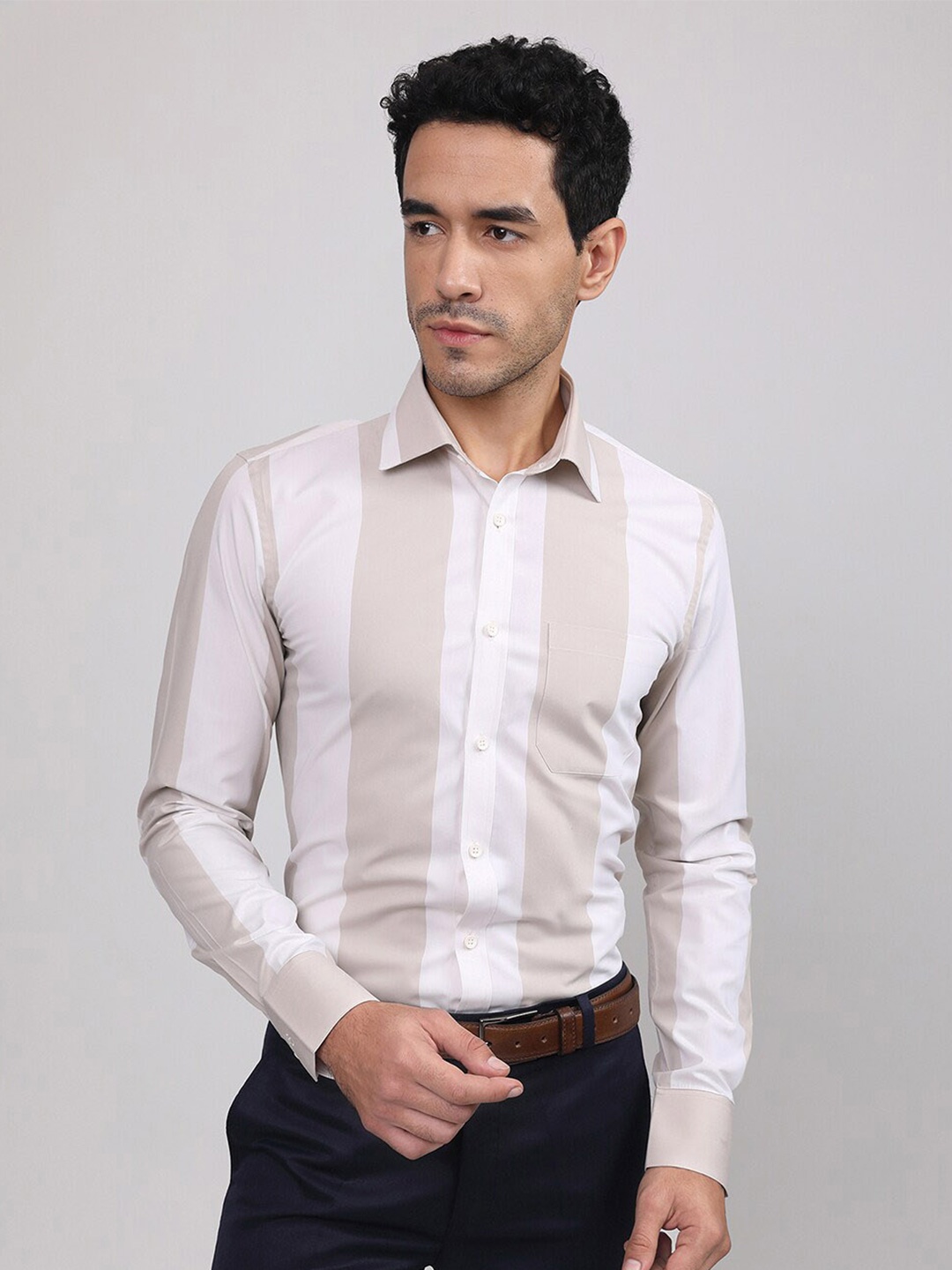 LOUIS STITCH Comfort Striped Cotton Formal Shirt, White