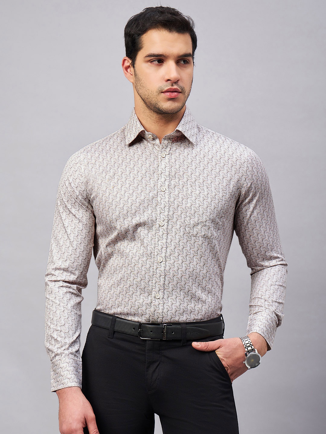 

LOUIS STITCH Comfort Abstract Printed Cotton Formal Shirt, Cream