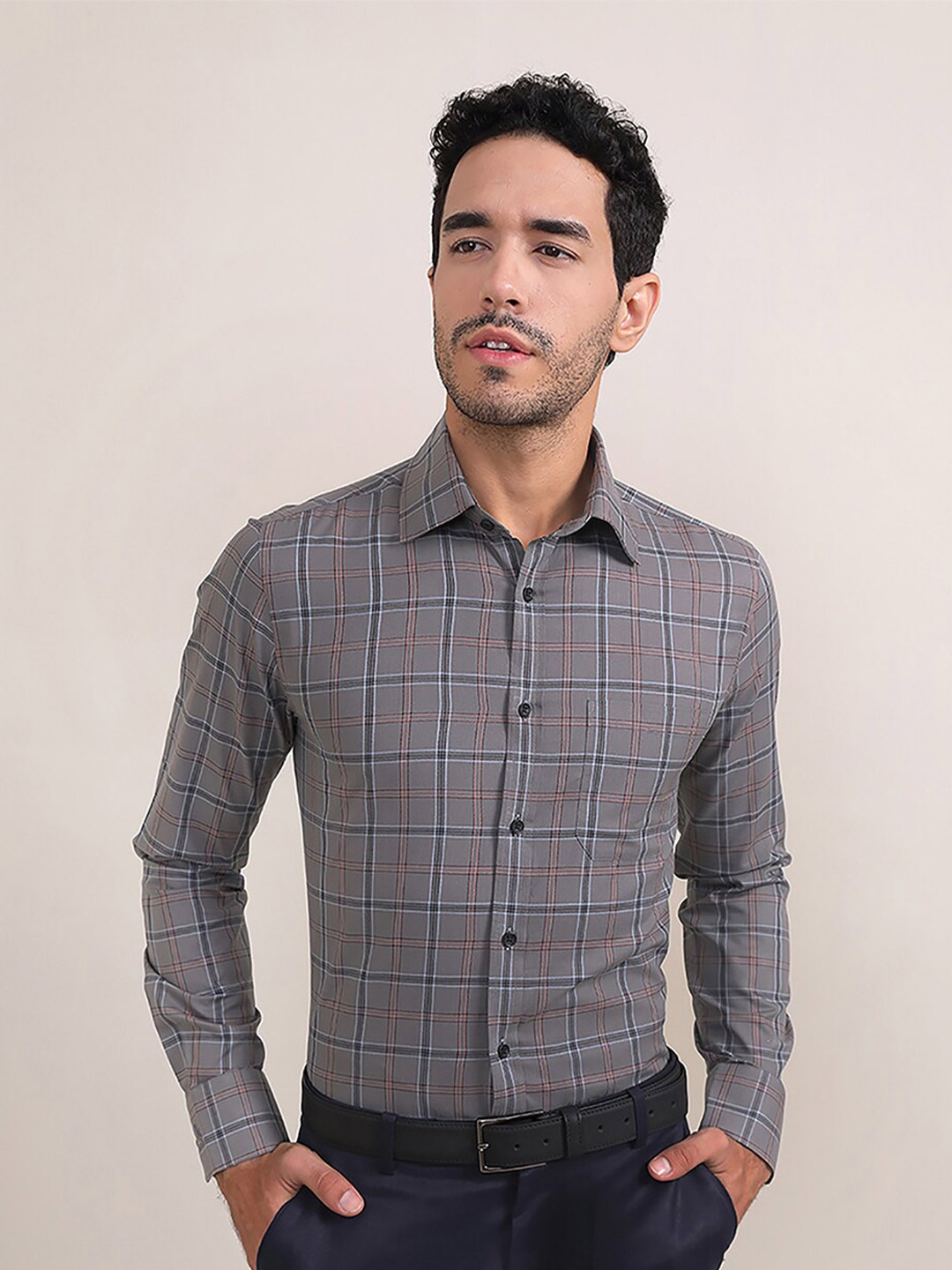 

LOUIS STITCH Tartan Checked Comfort Regular Fit Cotton Formal Shirt, Grey