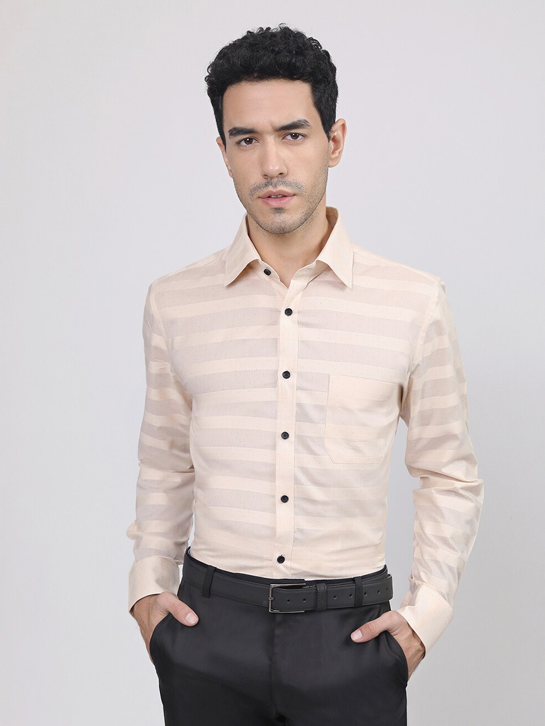 

LOUIS STITCH Comfort Horizontal Striped Cotton Formal Shirt, Cream