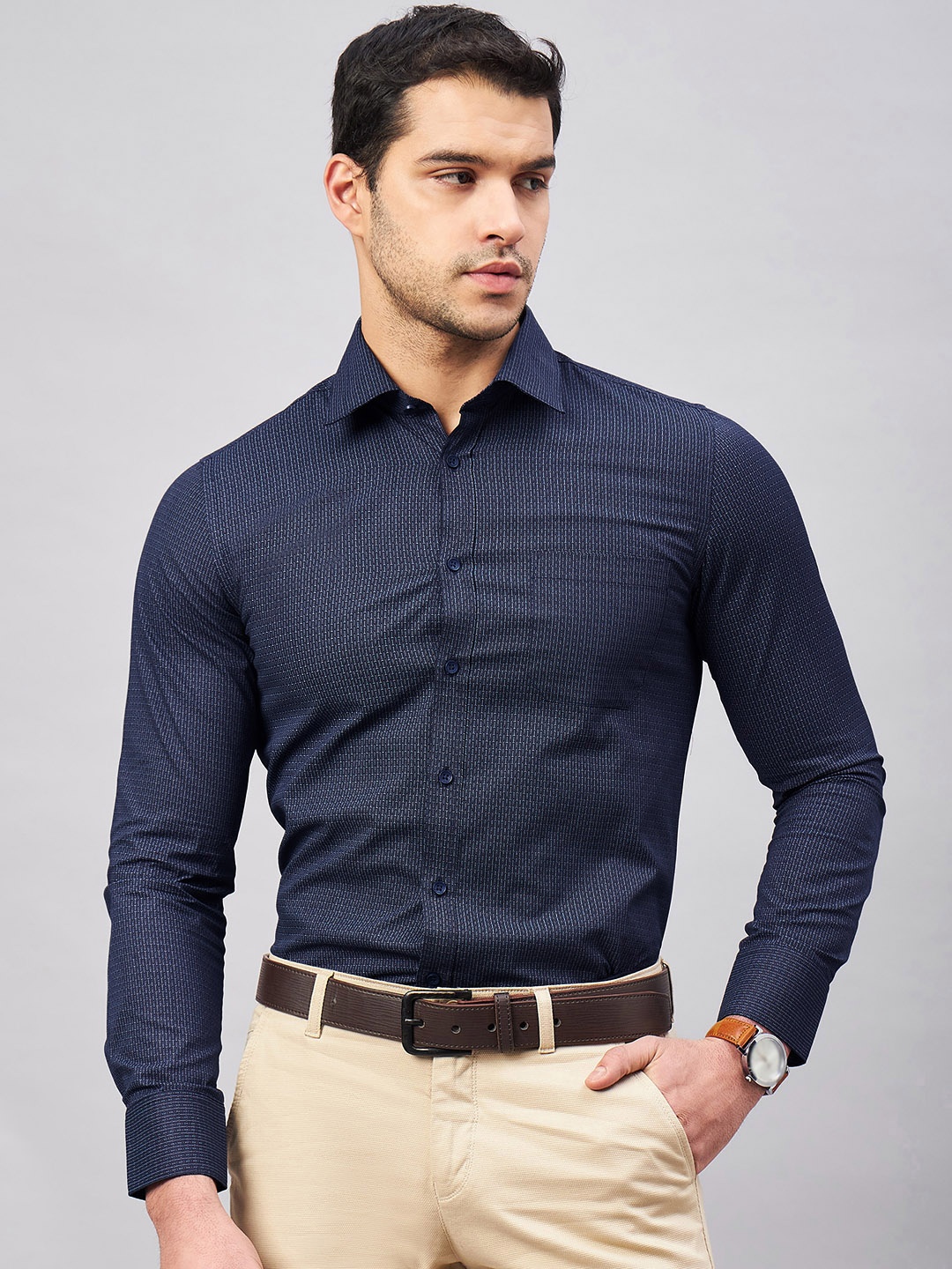 

LOUIS STITCH Comfort Micro Ditsy Opaque Cotton Formal Shirt, Navy blue
