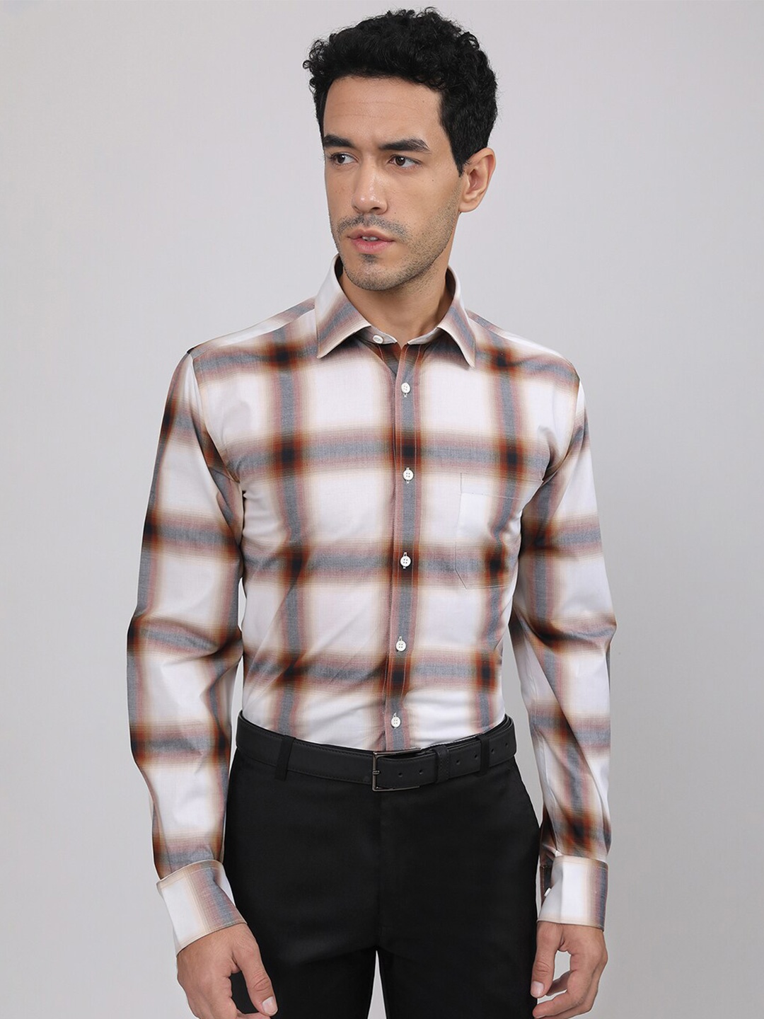 

LOUIS STITCH Checked Comfort Fit Cotton Formal Shirt, Brown