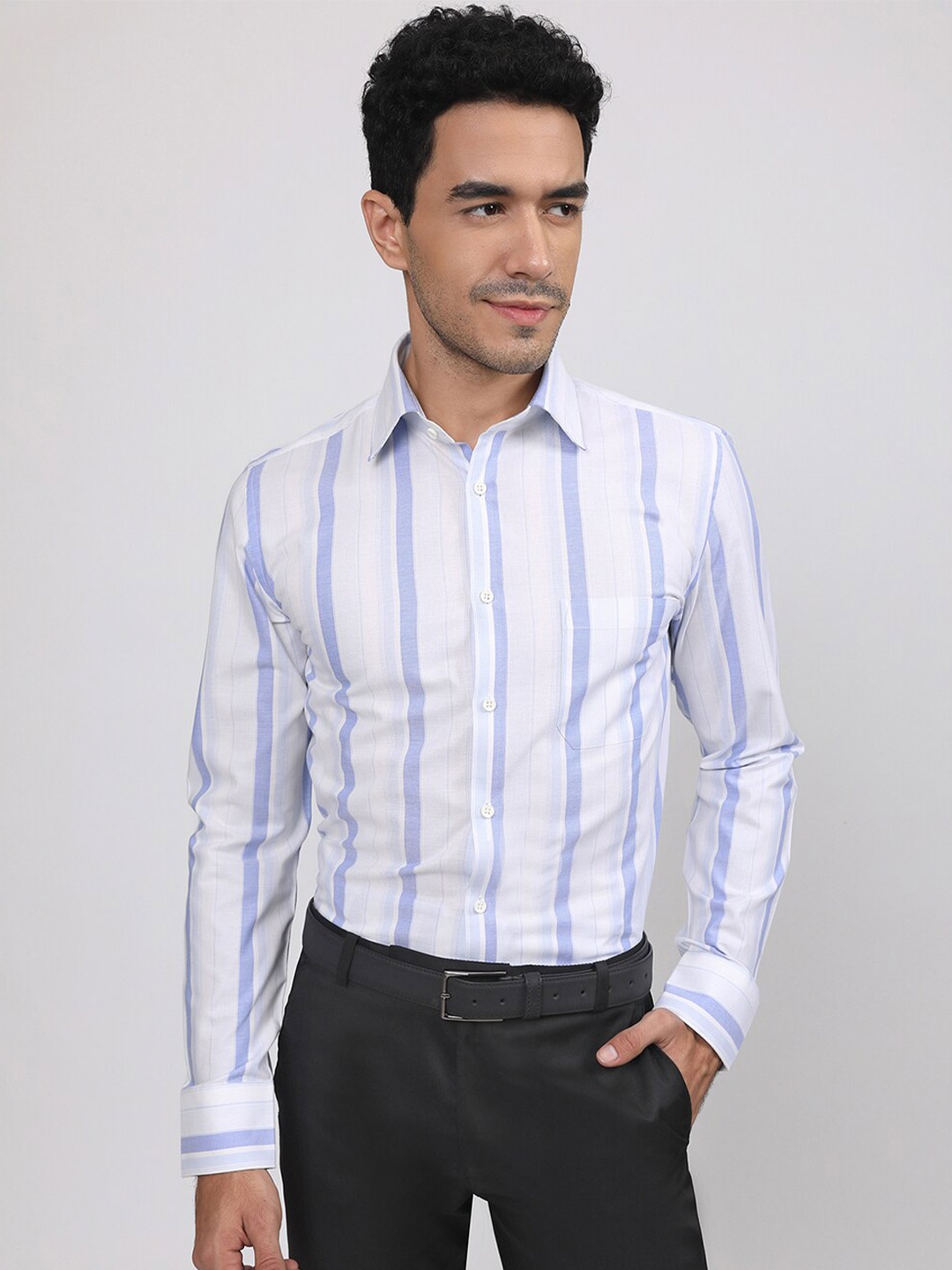 

LOUIS STITCH Striped Comfort Fit Cotton Formal Shirt, Blue