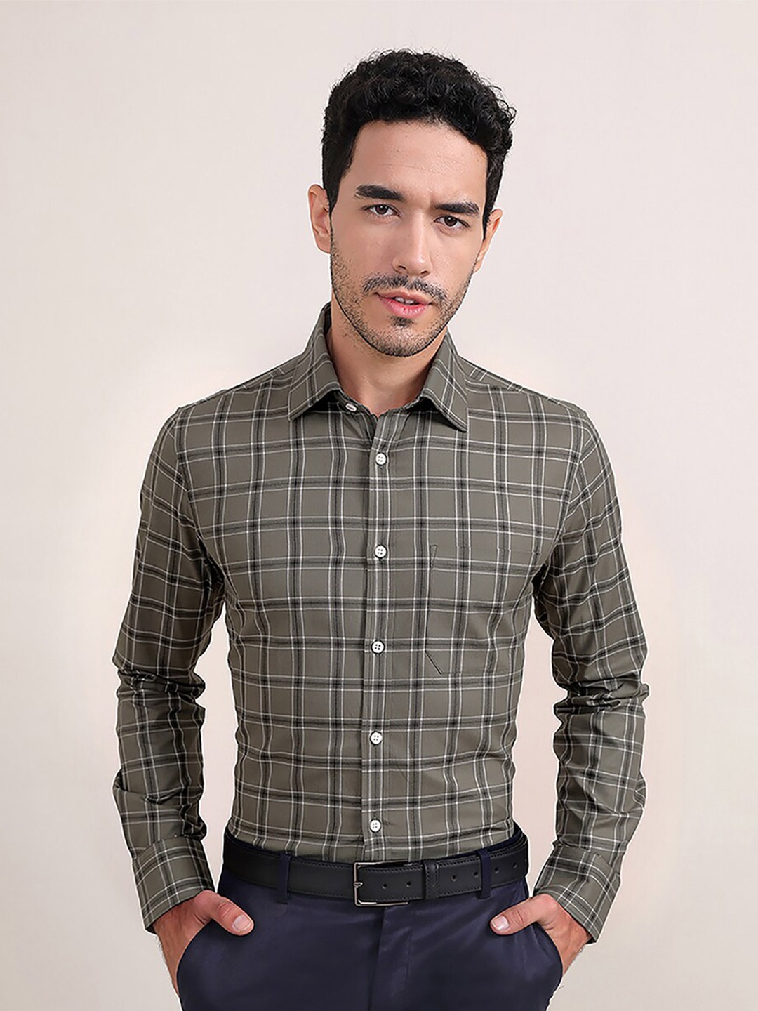 LOUIS STITCH Comfort Tartan Checks Cotton Formal Shirt, Green