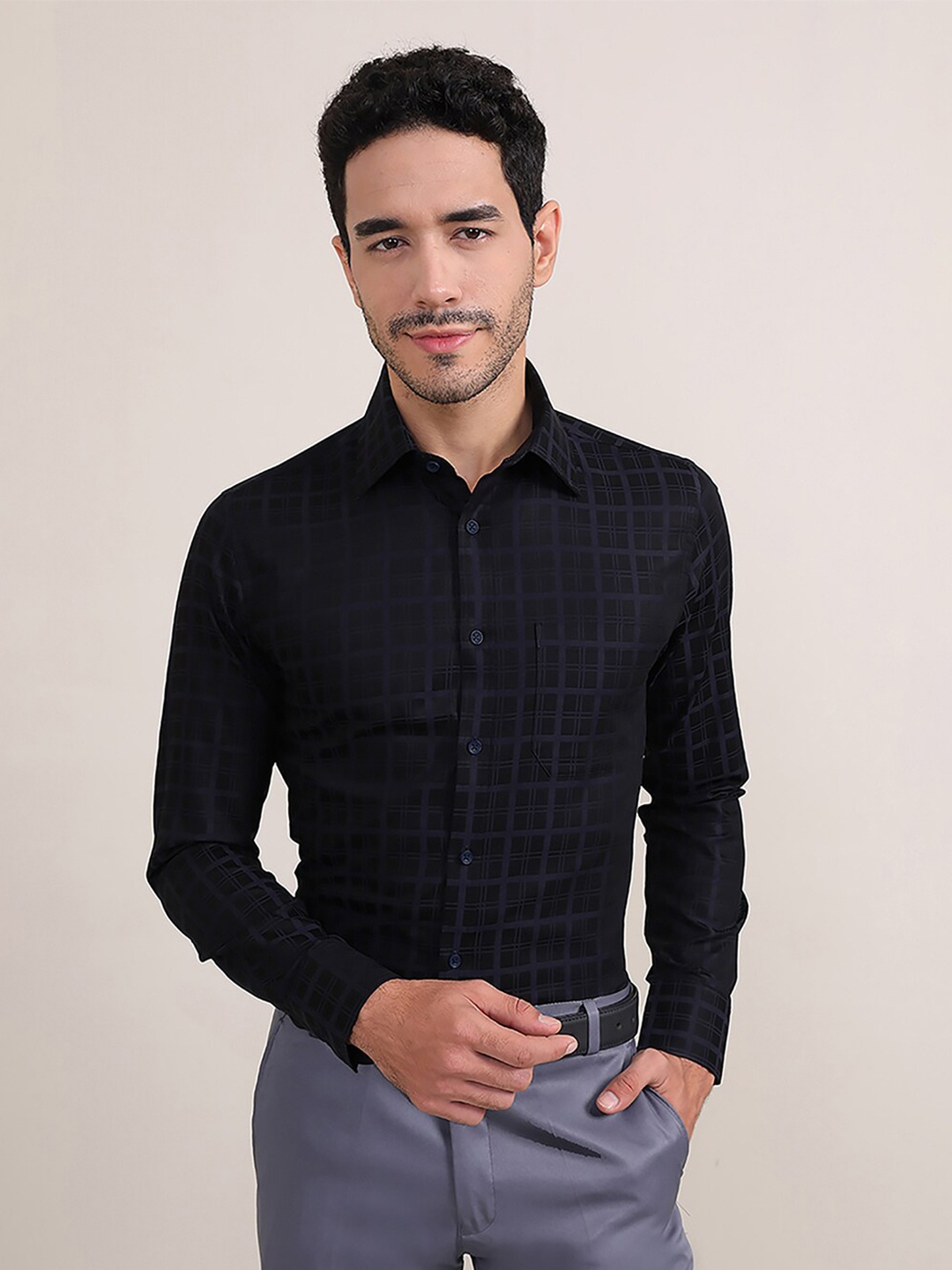 LOUIS STITCH Comfort Fit Tartan Checked Formal Cotton Shirt, Navy blue